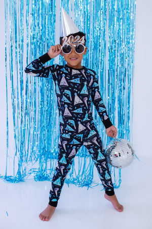 Shop Birdie Bean New Year's Eve Bowie Print 2-piece Long Sleeve Kids Pajamas with Pants at Purple Owl Boutique