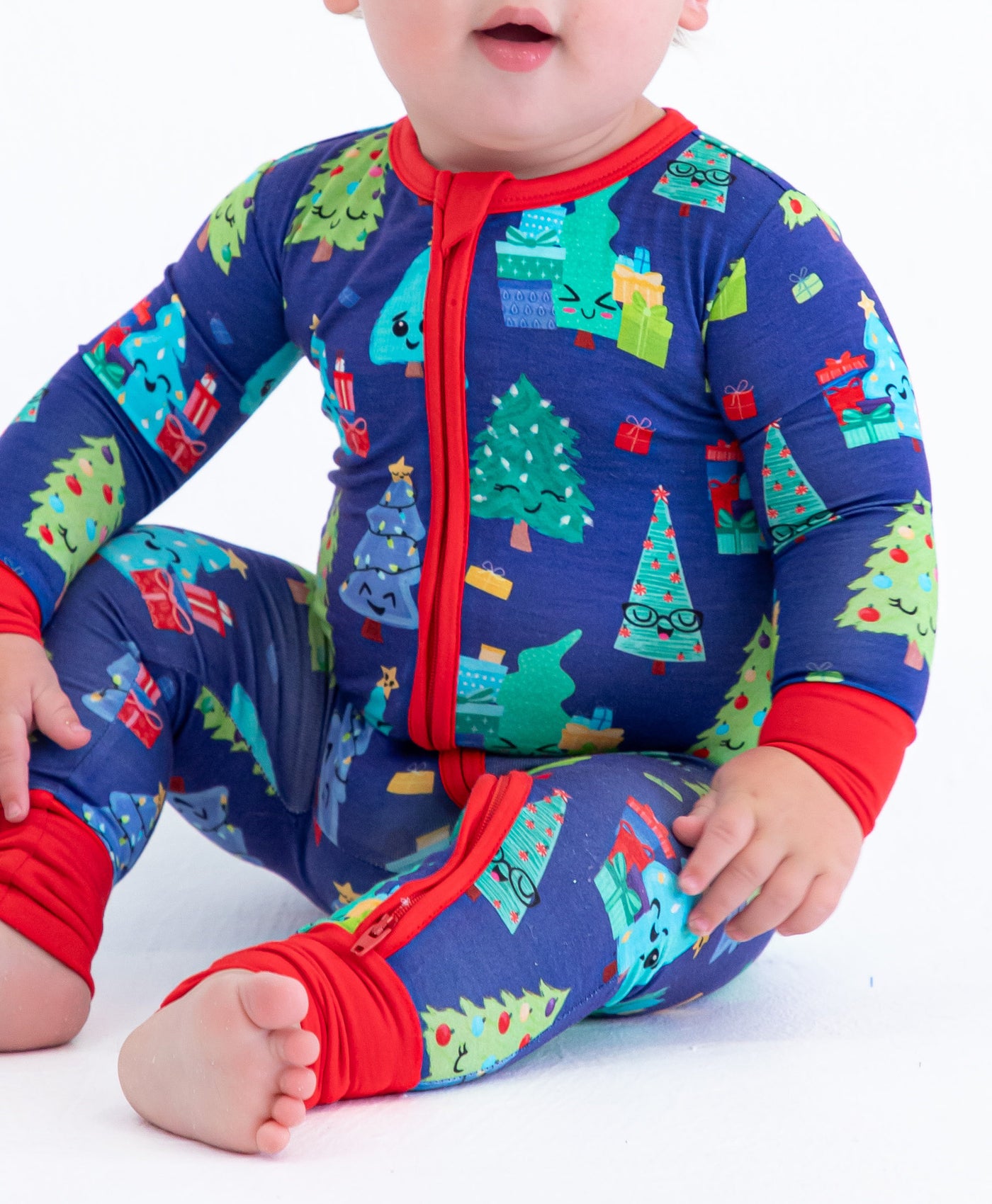 Shop Birdie Bean Kevin Christmas Tree Print Convertible Baby Romper at Purple Owl Boutique