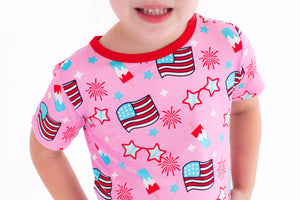 Shop Birdie Bean Pink Glory 4th of July Print 2-piece Short Sleeve Kids Pajamas with Shorts at Purple Owl Boutique