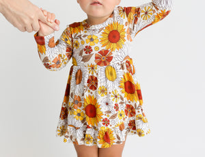 Shop Posh Peanut Long Sleeve Girls Ruffled Bodysuit Dress in Goldie at Purple Owl Boutique