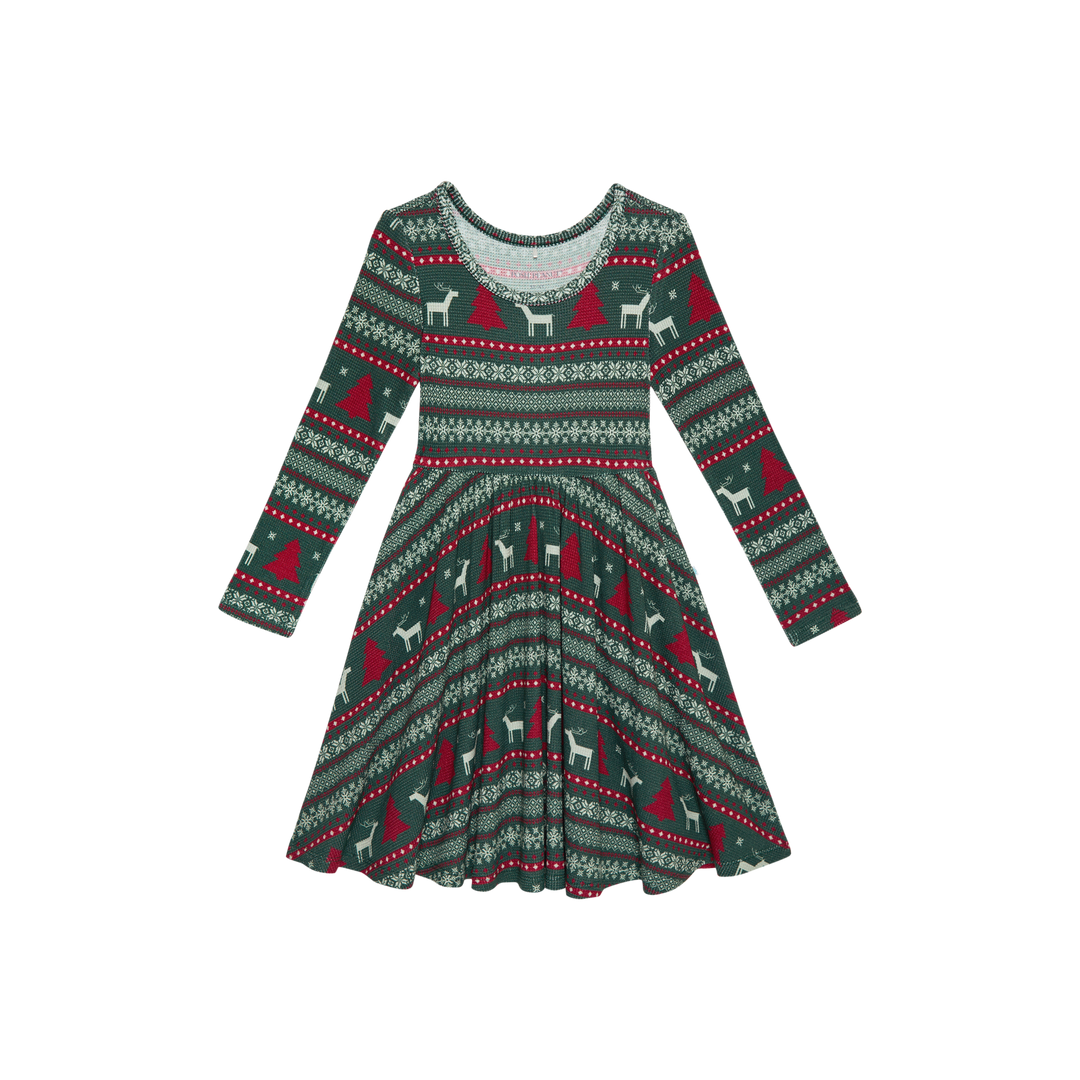 Posh Peanut Long Sleeve Twirl Dress in Holiday Fair Isle