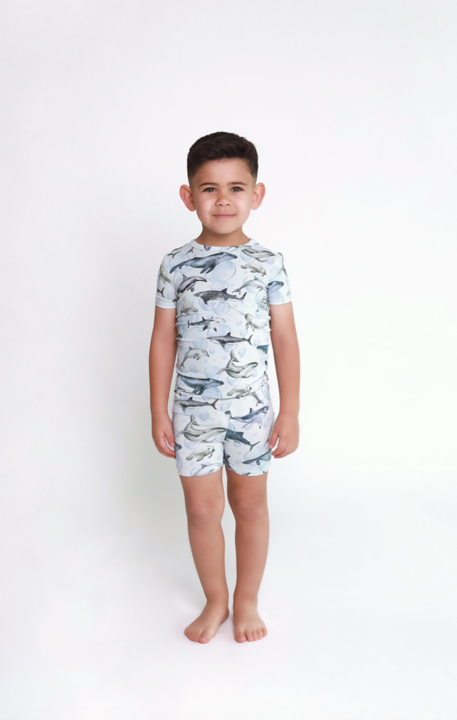 Shop Posh Peanut Basic Short Sleeve Loungewear Kids Pajama & Shorts in Sharkly at Purple Owl Boutique