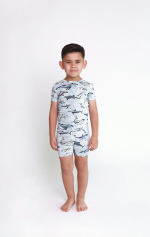 Shop Posh Peanut Basic Short Sleeve Loungewear Kids Pajama & Shorts in Sharkly at Purple Owl Boutique